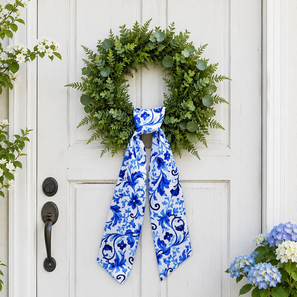 Blue and White Wreath Sash for Front Door, 2Pcs Chinoiserie Satin Sash for Wreath Home Porch Decor, Spring Summer Bridal Shower Decor, 4.8in X 57in