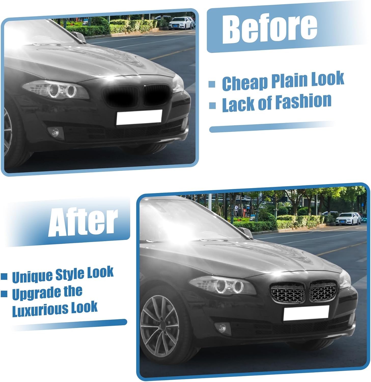 X AUTOHAUX Front Hood Bumper Grille Grill for BMW 528i 535i 550i XDrive No.51137261356/51137203650 Front Bumper Kidney Grille Grill Diamond Star Gloss Black Pair