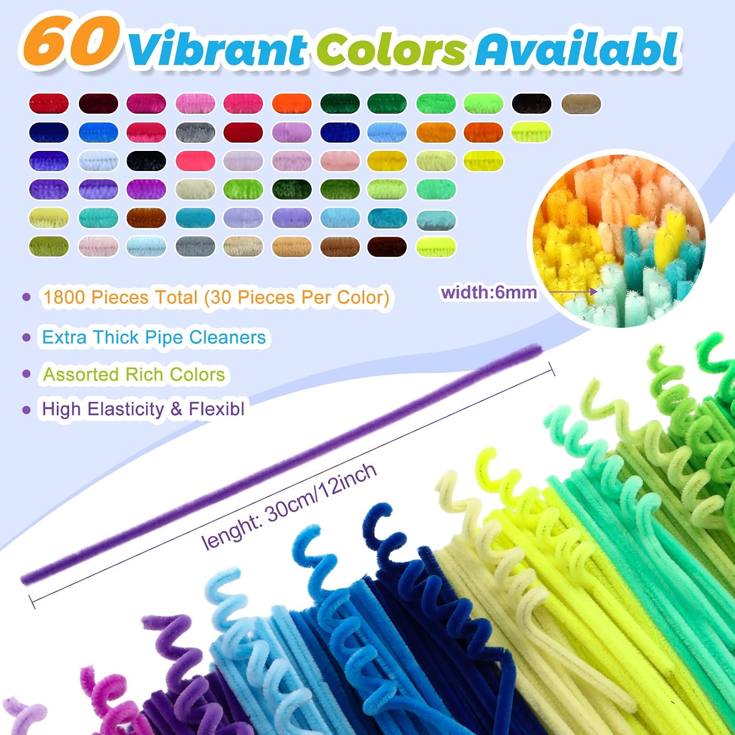 Stowcove Pipe Cleaners Craft Bulk, 1800 PCS 60 Mix-Colors Chenille Stems, Colorful Fuzzy Pipe Cleaners for Arts Crafts Supplies, Limpia Pipas for Creative DIY Toys & Games Gifts Halloween & Christmas