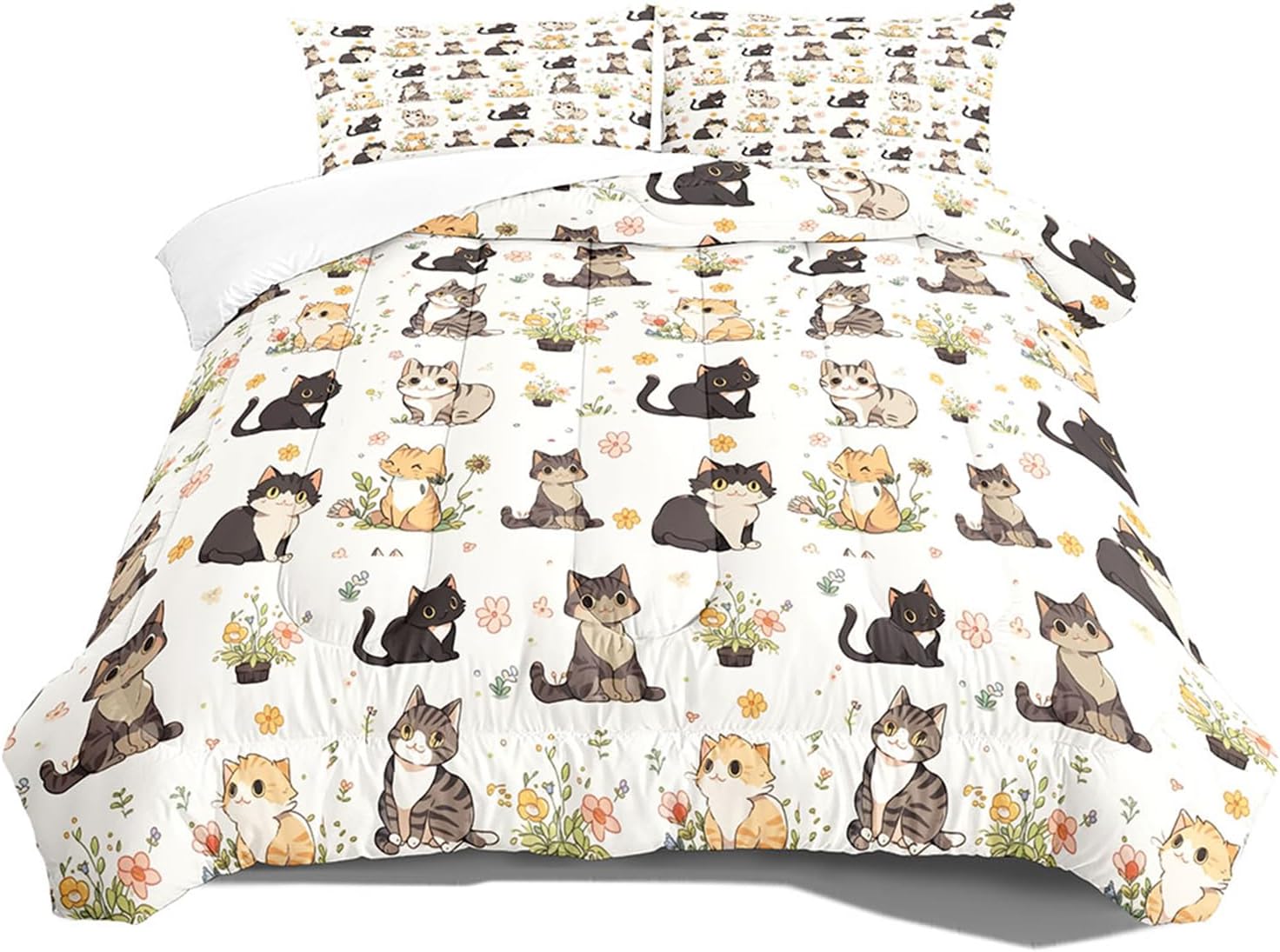 Kids Cartoon Cat Comforter Set Twin Size Cute Pet Cats Bedding Set for Children Boys Girls Kitten Print Quilt Set Cat Animal Themed Design Comforter Set Bedroom Decor