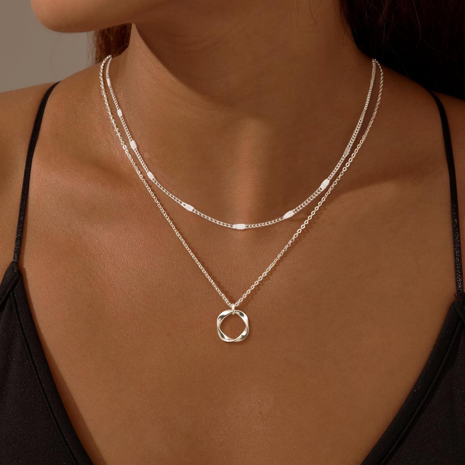 OGD Layered CZ Rondelle Pendant Necklaces for Women, 14K Gold Plated Trendy Mariner Chain Dainty Circle Rondelle Pendant Choker Necklace for Women Two-Toned Cubic Zirconia Gold Necklace - Image 2