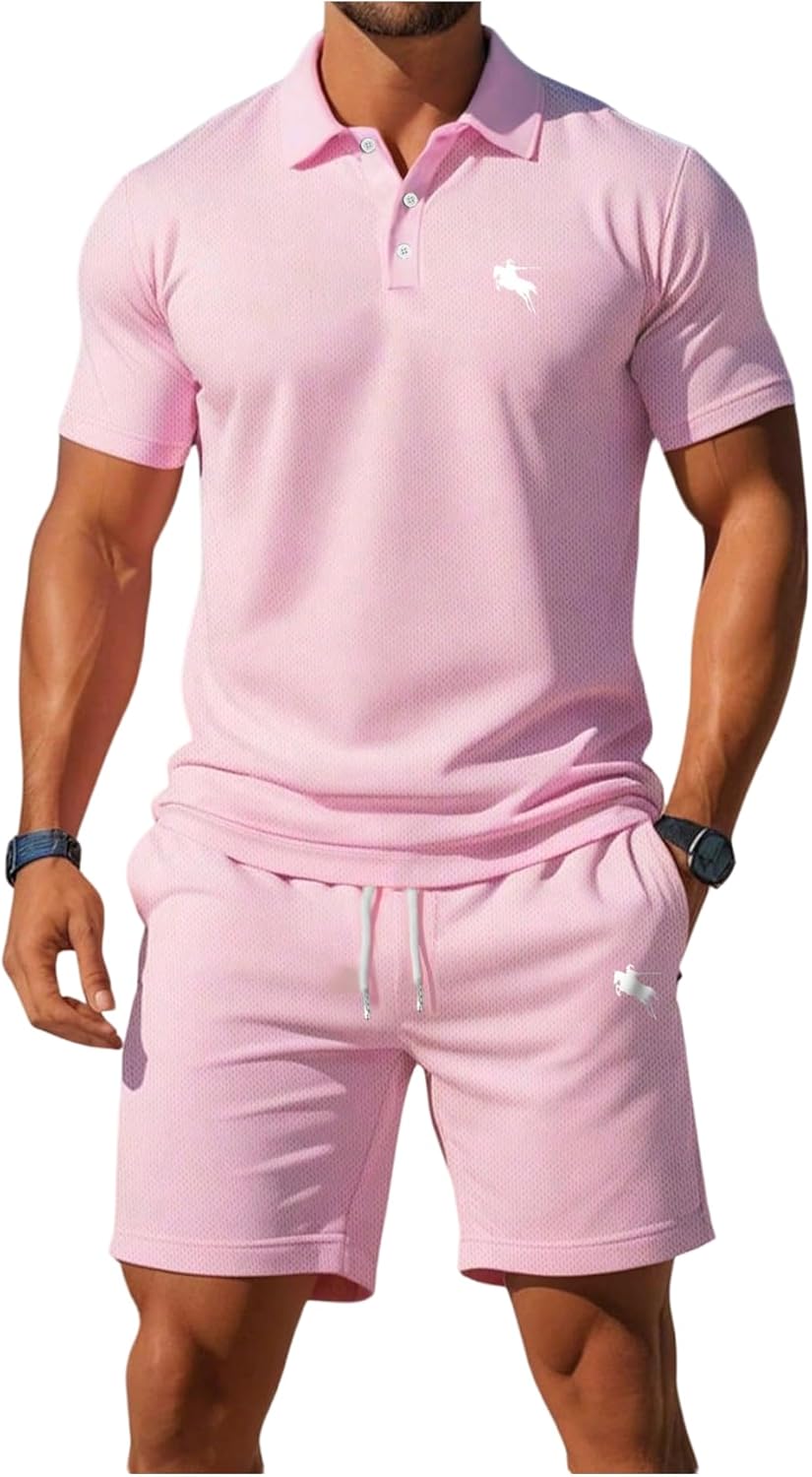 WDIRARA Men's 2 Piece Outfit Short Sleeve Collared Shirt Shorts Set Athletic Tracksuits Pink Medium
