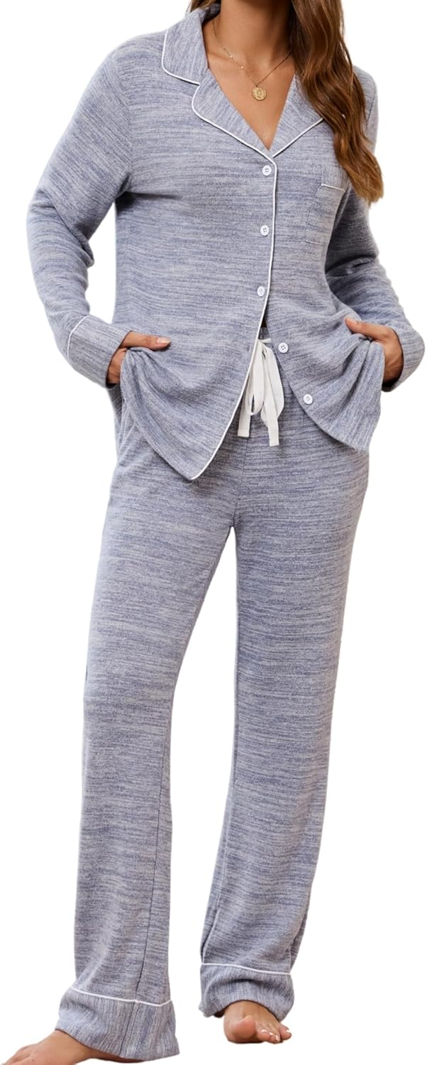 Leikar Button Up Pajama Set For Women Long Sleeve Shirt And Pajama Pants Soft Pjs Lounge Sets - Image 3
