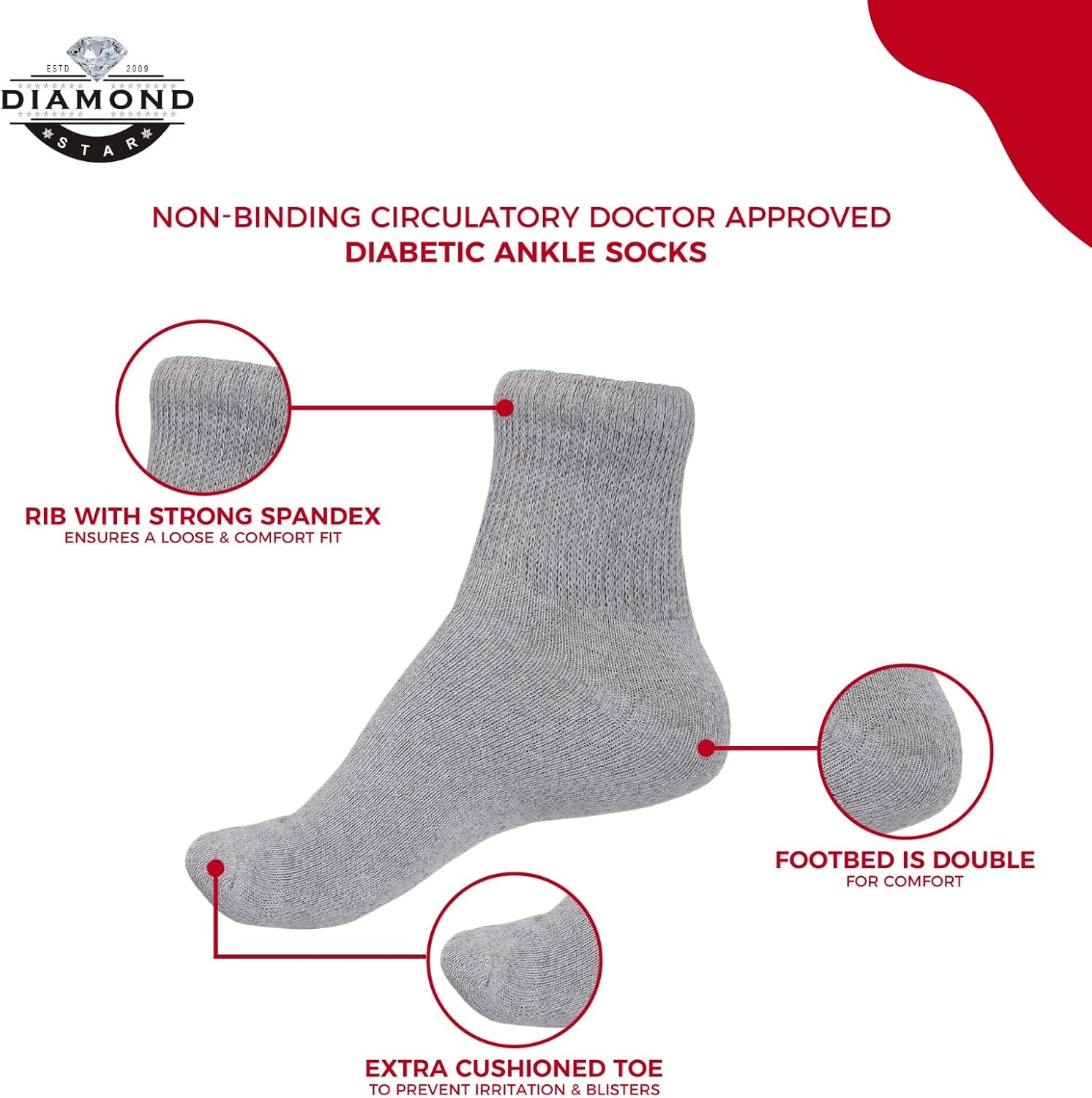 Diamond Star Diabetic Ankle Socks for Men and Women, Non Binding Cushioned Cotton Socks for Sensitive Feet Care - Image 3
