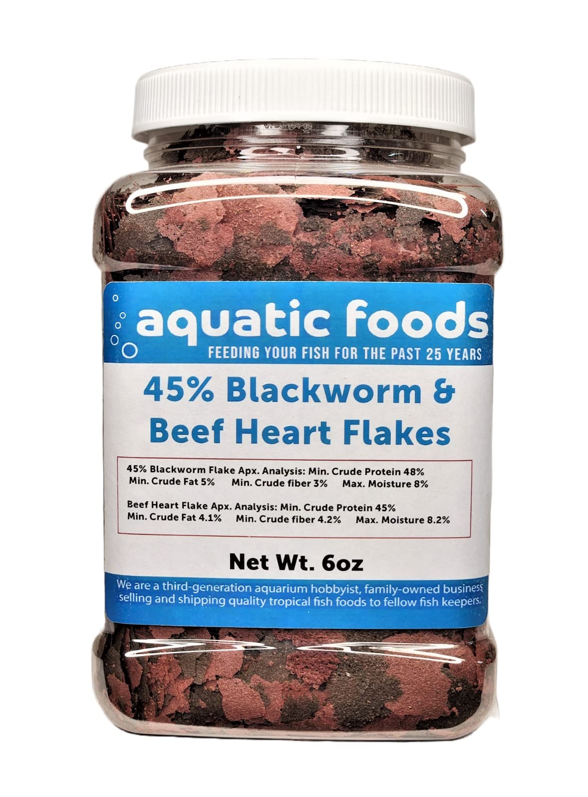 Aquatic Foods Inc. 45% Blackworm Flake & Beef Heart Flake Mix for Discus, Cichlids, All Tropical Fish. Aquatic Foods Premium Flakes…6oz Med Jar