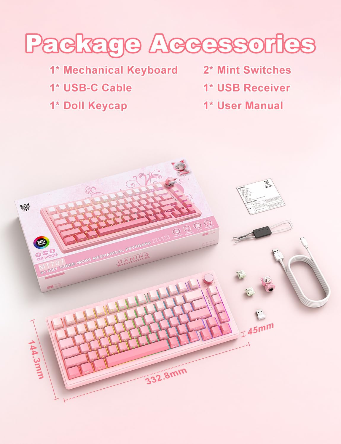 Wireless Gaming Keyboard, Gasket Mount,Triple-Mode 2.4Ghz/Bluetooth/Wired, Hot-Swappable Mint Switches, 82 Keys RGB Backlit, Computer Keyboard with Custom Doll Keycaps-Pink