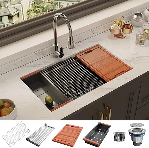 Fregadero de cocina con estación de trabajo de montaje inferior de 33 pulgadas, fregadero de cocina de acero inoxidable calibre 16 con revestimiento