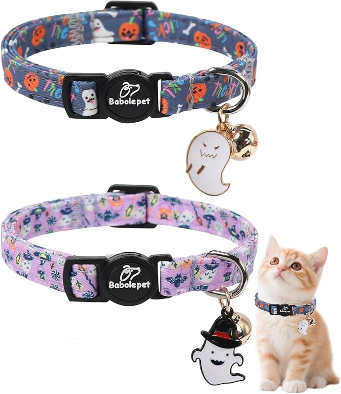Coleira para Gatos com Estampa de Halloween, Algodão Macio, Ajustável e Breakaway com Sino Babole Pet – Pacote com 2