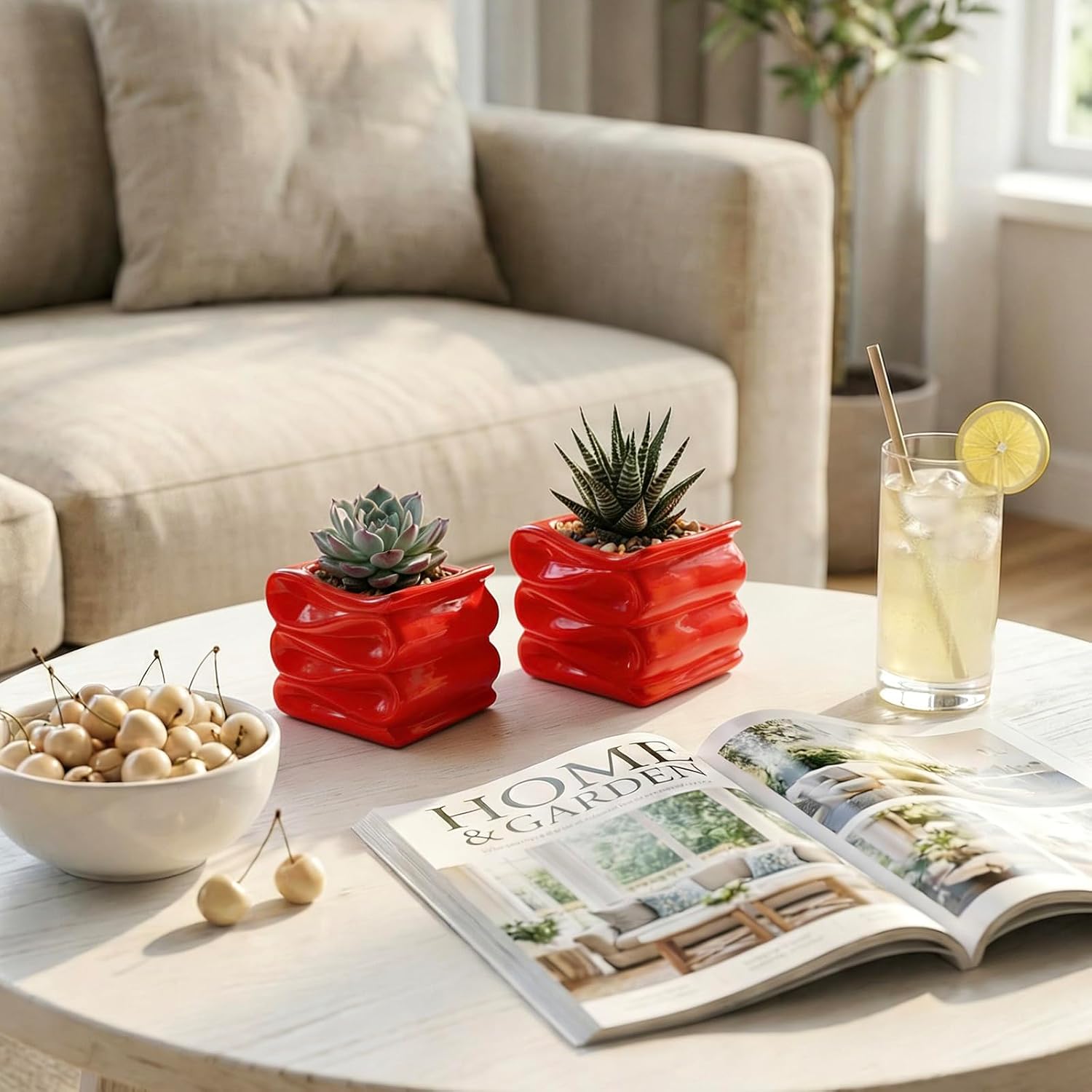 MyGift 4-Inch Red Ceramic Indoor Small Plant Pot, Mini Modern Decorative Planters with Candy Ribbon Design, Set of 2