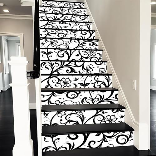 Black White Floral Stair Riser Decals 39.37x7.08inx15 Pcs | Self
