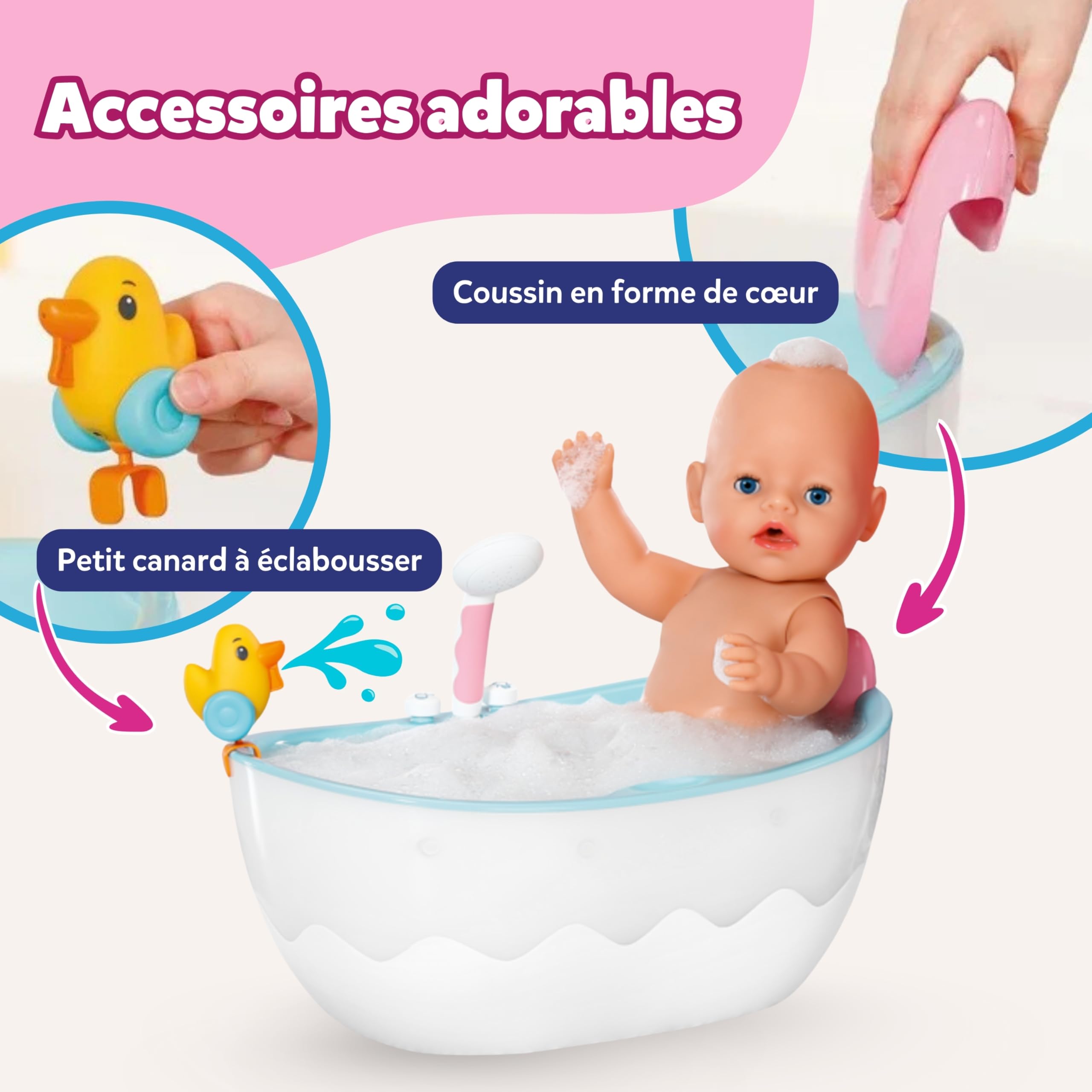 BABY born Baignoire avec Changement de Couleur - Fonction Douche et Son - Accessoires Haut de Gamme pour poupées de 36 et 43 cm - Fonctionne également avec de l'eau véritable