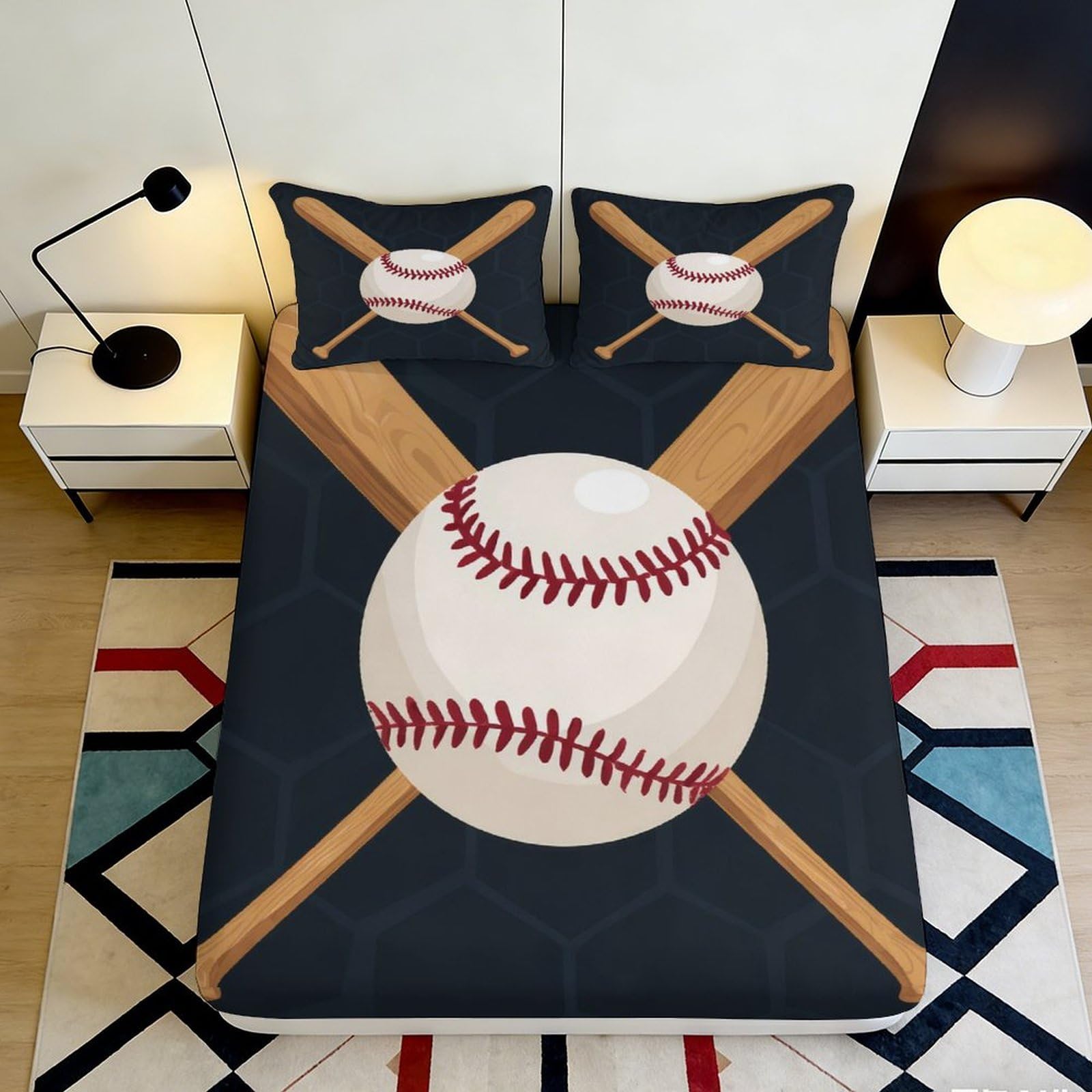 3D Printed Baseball Pattern Fitted Sheet Microfiber Soft Breathable Crossed Bats Bed Cover for Bedroom Dormitory Guest Room Mattress Protection 120x200x25cm