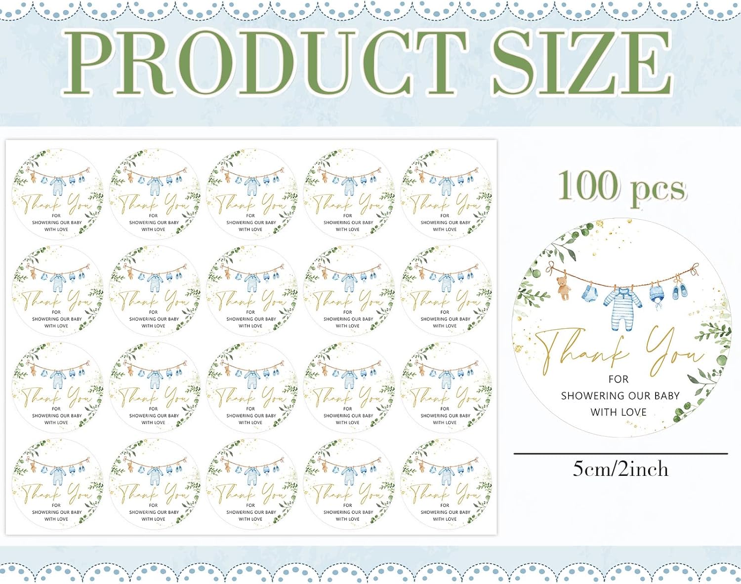 Whaline 100Pcs It's a Boy Blue Baby Shower Stickers Thank You Sticker 2 Inch Cute Blue Clothes Round Adhesive Label Decals for Boy Birthday Party Decorations - Image 2