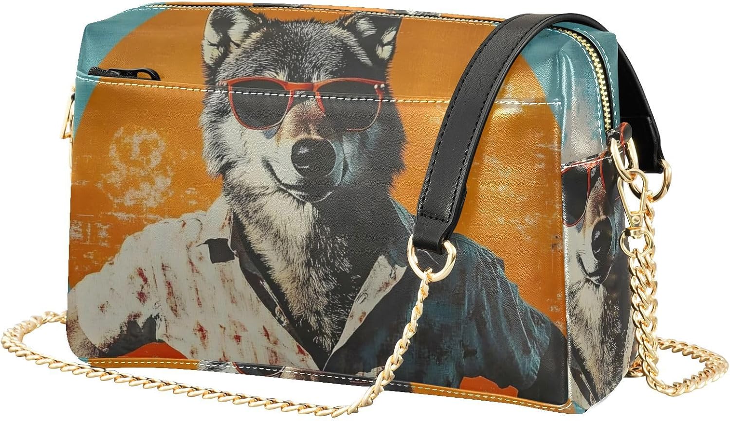 Women Crossbody Bag Shoulder Handbag Cellphone Purse Aloha Wolf Print, PU Leather Metal Chain Strap Water Resistant Zipper Closure
