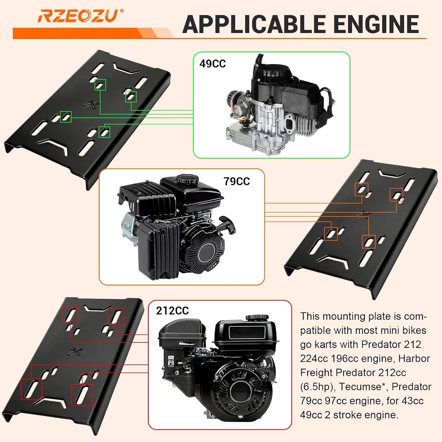 Universal Engine Motor Mounting Plate Compatible with Predator 212cc 224 196cc 79cc 97cc Engine Mini Bike Go Kart Coleman CT200U CT200U-EX BT200X CT100U CC100X Baja MB200 DB30 Axis M200 Parts