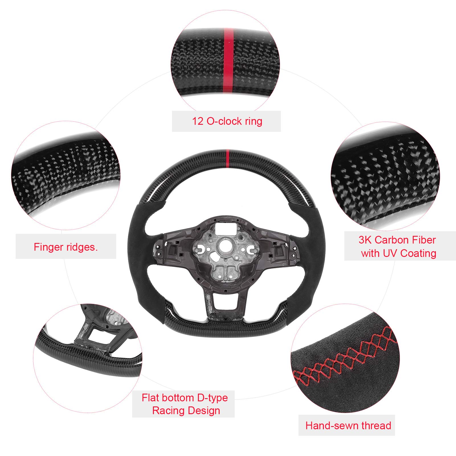 Płaska Dolna Kierownica z Włókna Węglowego z Czerwonymi Przeszyciami do Mk7/Mk7.5 GTD/R 2013-2020 - Projekt Wyścigowy do Pojazdów z ręczną/automatyczną skrzynią Biegów