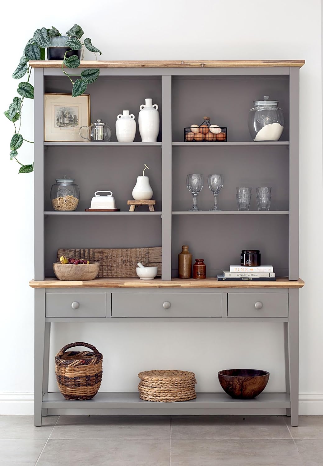 Florence Dove Grey Display Console Table and Hutch with Shelves Hallway Dining Room