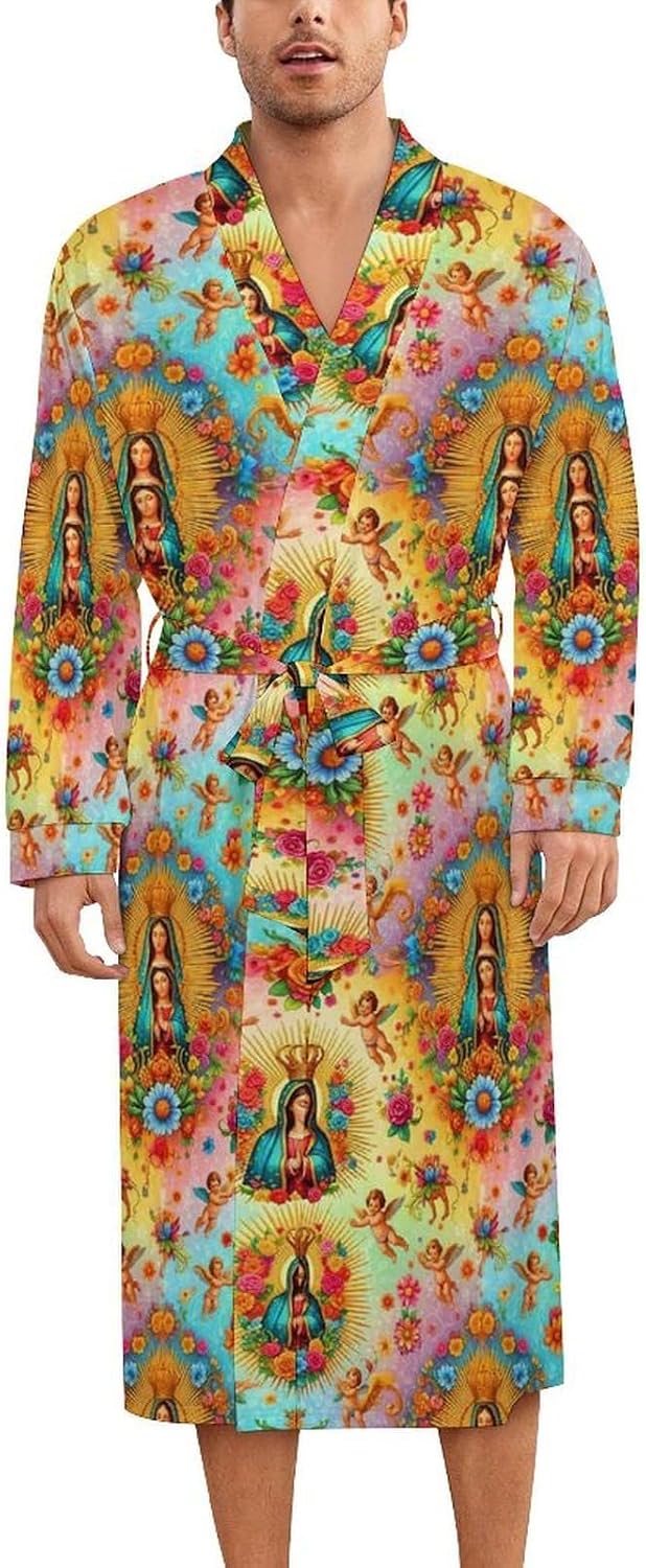 Mens Kimono Robe Full-Length, Long Sleeve Versatile V Neck Bathrobes with Belt, Adult Open Front Reusable Robes