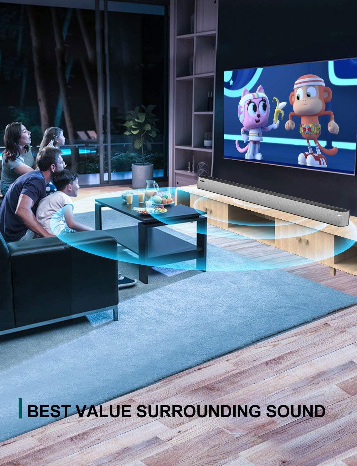 Sound bar wall-mounted below a television