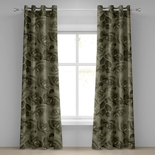 Jungle Boho Grommet Curtain, Nostalgic Vibes Garden Scene Flowers Vintage and Petals Print, Decorative Single Panel Drapes for Bedroom Living Room, 50" x 84", Olive Green and Reseda Green