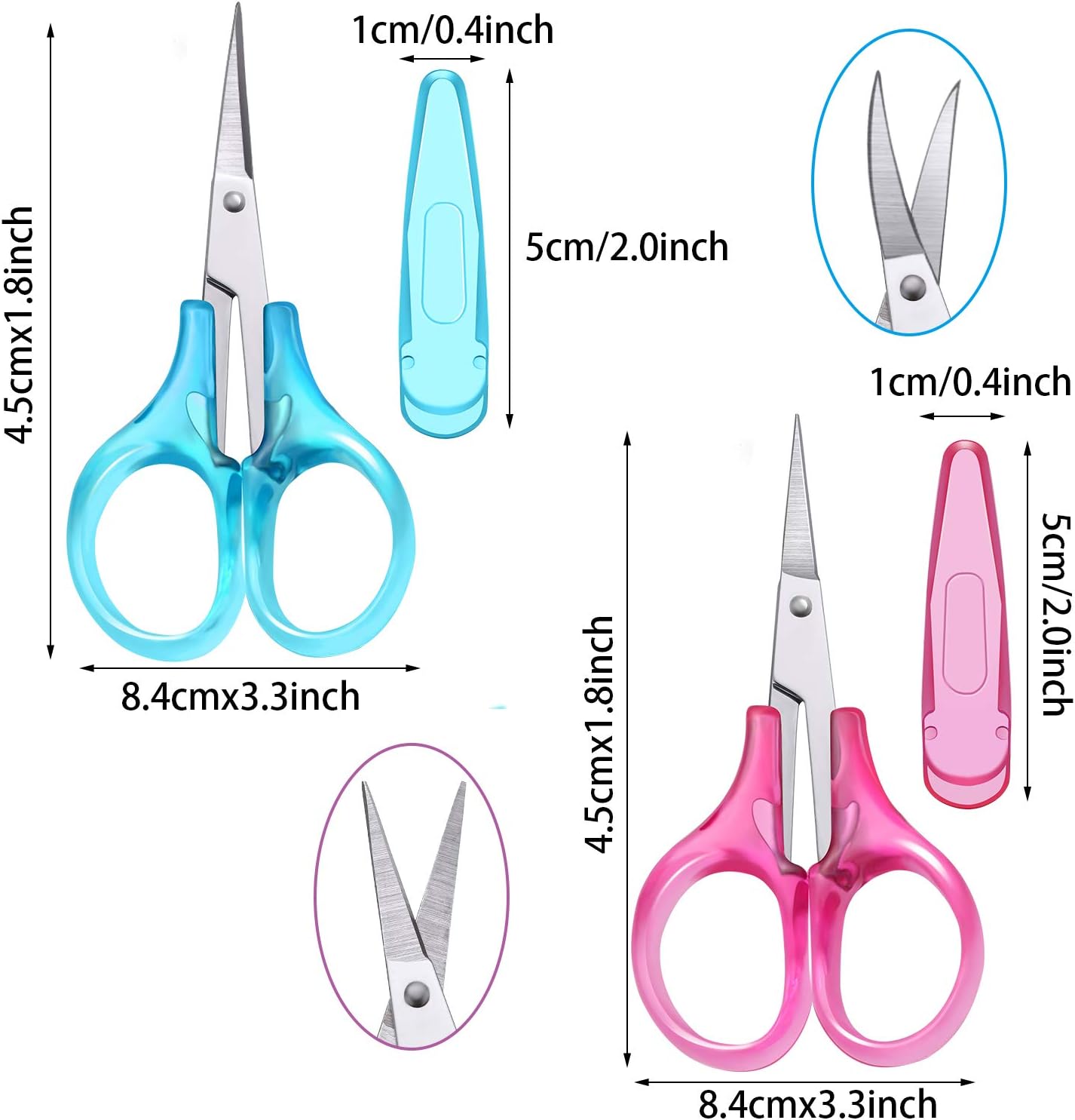 Detail Craft Scissors Set Stainless Steel Scissors Straight Tip Scissors Curved Tip Scissors with Protective Cover for Facial Hair Trimming, Sewing, Crafting, DIY Projects (6 Pieces)