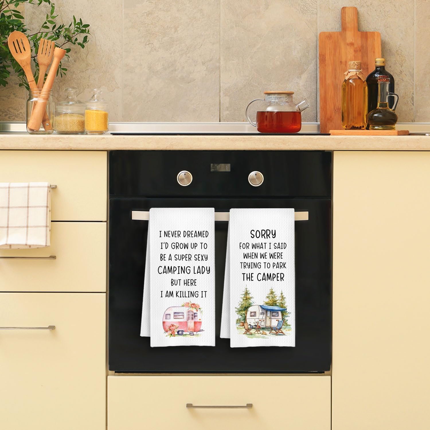 Funny Camping Camper Kitchen Towels, Camping Gifts for Women Dish Tea Towels, Gifts for Campers Decorative Hand Towel for Bathroom Kitchen RV Trailer, 16x24 Inch Set of 2 image 5