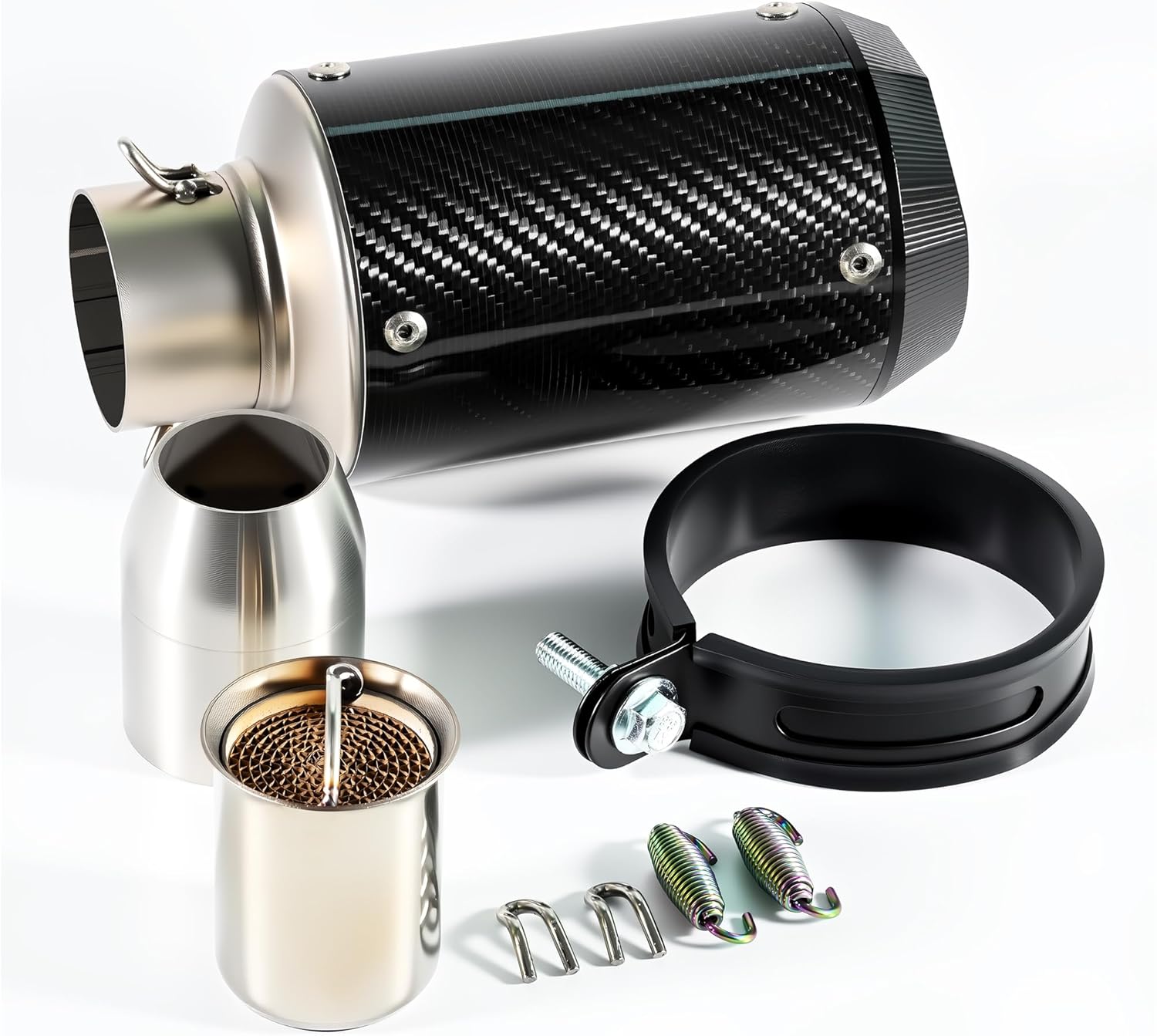 Motorcycle Exhaust, Slip-on Motorcycle Muffler, Carbon Fiber Slip on Exhaust Muffler, Fit for Z900 GSXR750 CBR650 and more, with Complete Accessories, Black