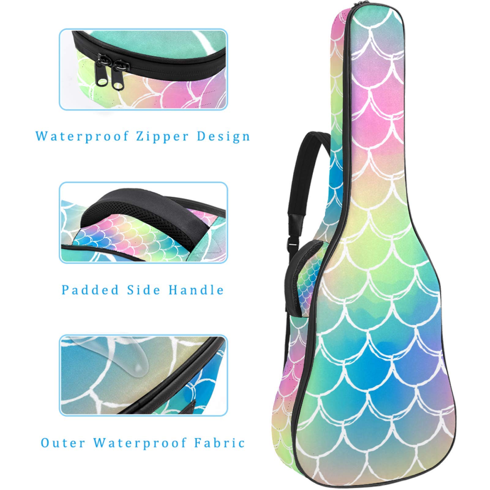 Gitarren-Gigbag, wasserdicht, Reißverschluss, weich, für Bassgitarre, Akustik- und klassische Folk-Gitarre, Meerjungfrauen-Schuppen-Muster, bunt