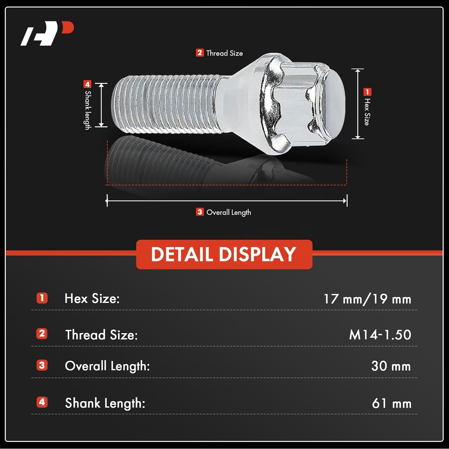 A-Premium 4-PC M14-1.5 Wheel Studs W/Socket Key Compatible with Volvo XC60 10-20, XC90 16-20, S60 11-20, XC40 19-20, XC70 S80 15-16, S90 17-20, V60 15-20 - 17/19 mm Hex, 30 mm Shank, 61 mm Thread