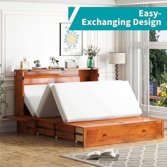 BALUS Queen Murphy Bed Cabinet with Mattress, Murphy Beds Cabinet-Cherry