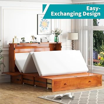 BALUS Queen Murphy Bed Cabinet with Mattress, Murphy Beds Cabinet-Cherry