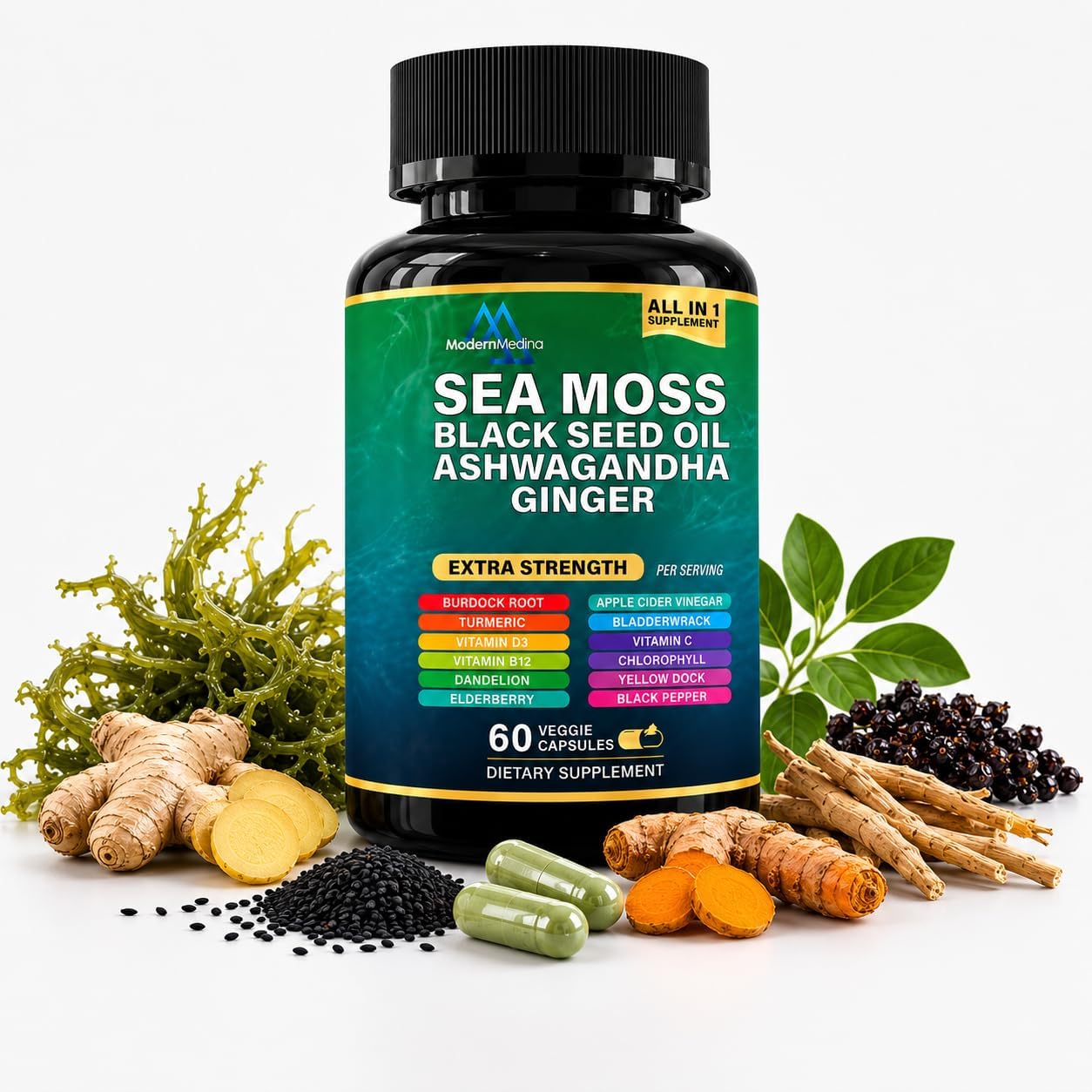 Sea Moss Herbal Supplement Capsules with Black Seed Oil, Ashwagandha & Ginger | Daily Wellness Support for Men & Women | 60 Capsules