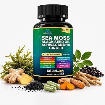 Sea Moss Herbal Supplement Capsules with Black Seed Oil, Ashwagandha & Ginger | Daily Wellness Support for Men & Women | 60 Capsules
