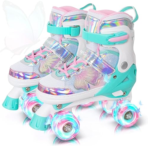 Miniatura 7 de MammyGol Patines de ruedas para niños y niñas, patines ajustables para niños con hermosas mariposas, principiantes de 3 a 16 años de edad, patines