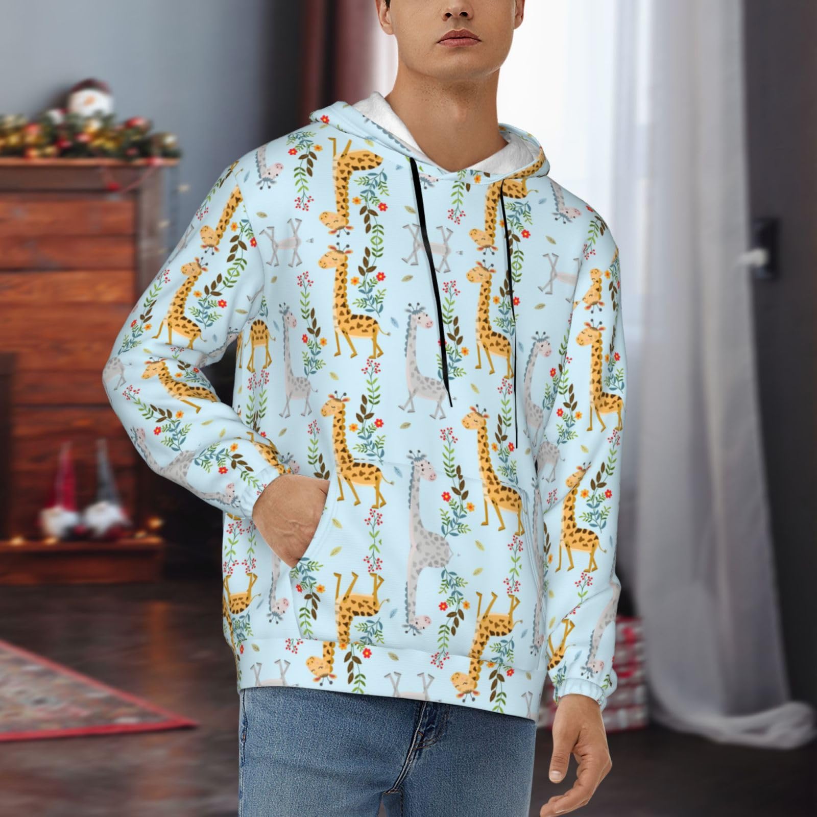 Męska bluza z kapturem z uroczym nadrukiem w kwiaty żyrafy, casualowa grafika z nadrukiem bluzy z kapturem z kieszenią