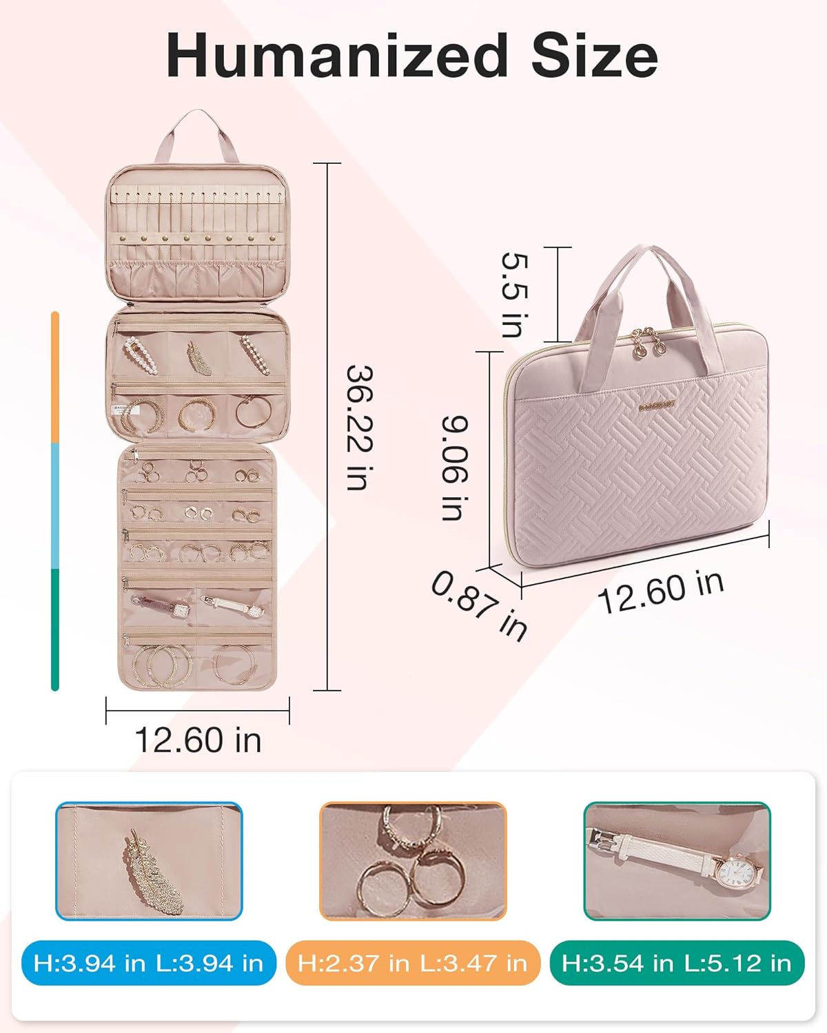 BAGSMART Travel Jewelry Case, Hanging Roll Jewelry Bag with Zipper Pockets Jewelry from Oxidation, Large Capacity for Earrings, Necklaces, Rings on Closet, Wall, Door, Portable Travel Essentials, Pink - Image 6