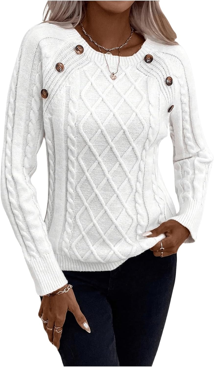 Women's 2025 Cable Knit Sweater Button Crew Neck Long Sleeve Pullover Fall Sweater Thanksgiving Gift