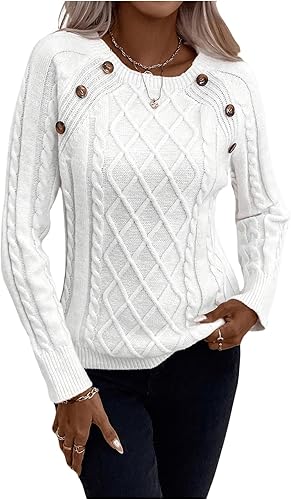 BEAUDRM Women's 2025 Cable Knit Sweater Button Crew Neck Long Sleeve Pullover Fa