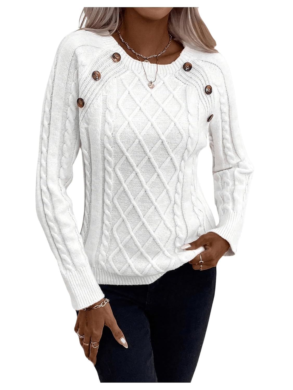GORGLITTER Womens Button Front Cable Knit Sweaters Crew Neck Long Sleeve Textured Jumper Tops Business Casual Outfit