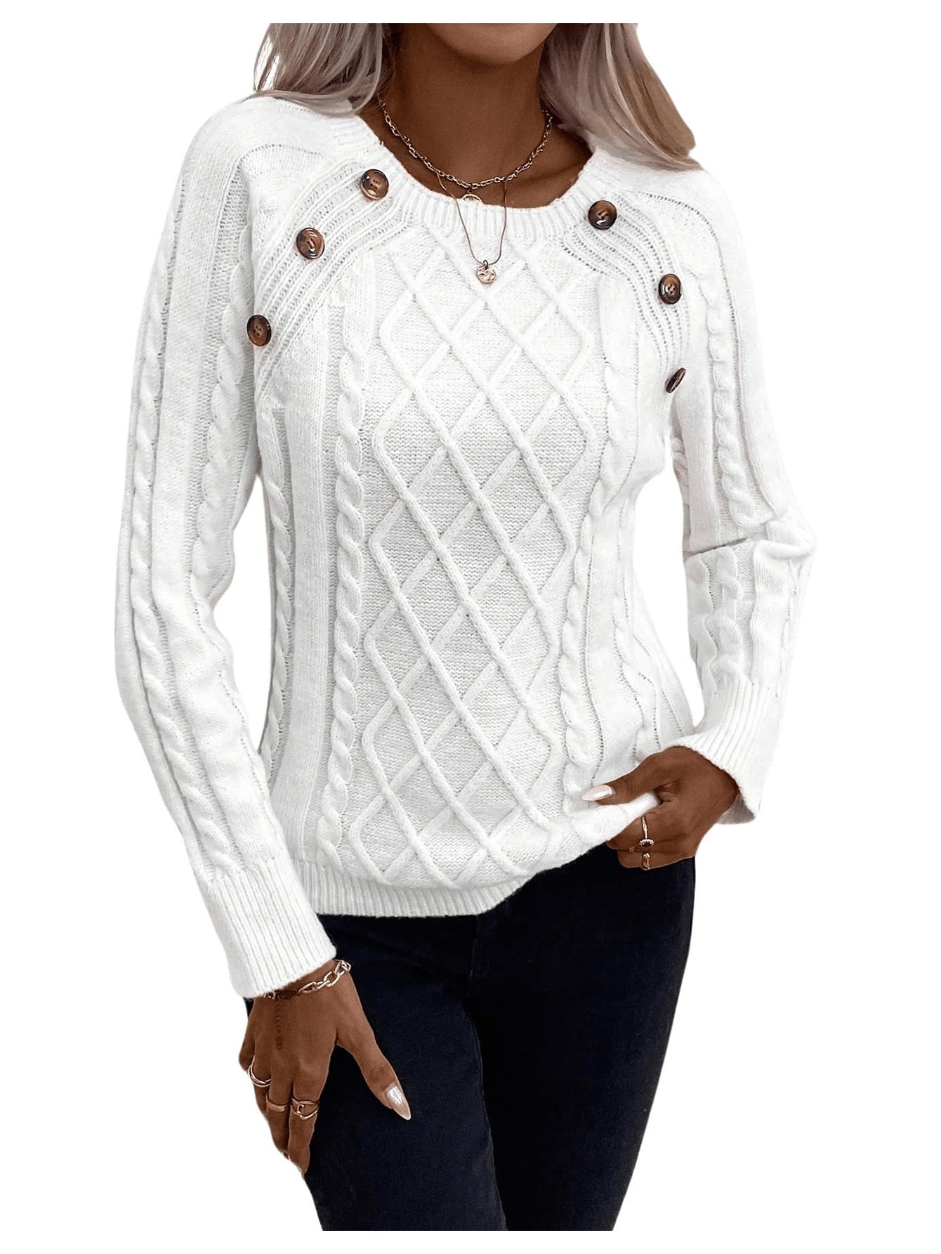 GORGLITTER Womens Button Front Cable Knit Sweaters Crew Neck Long Sleeve Textured Jumper Tops Business Casual Outfit