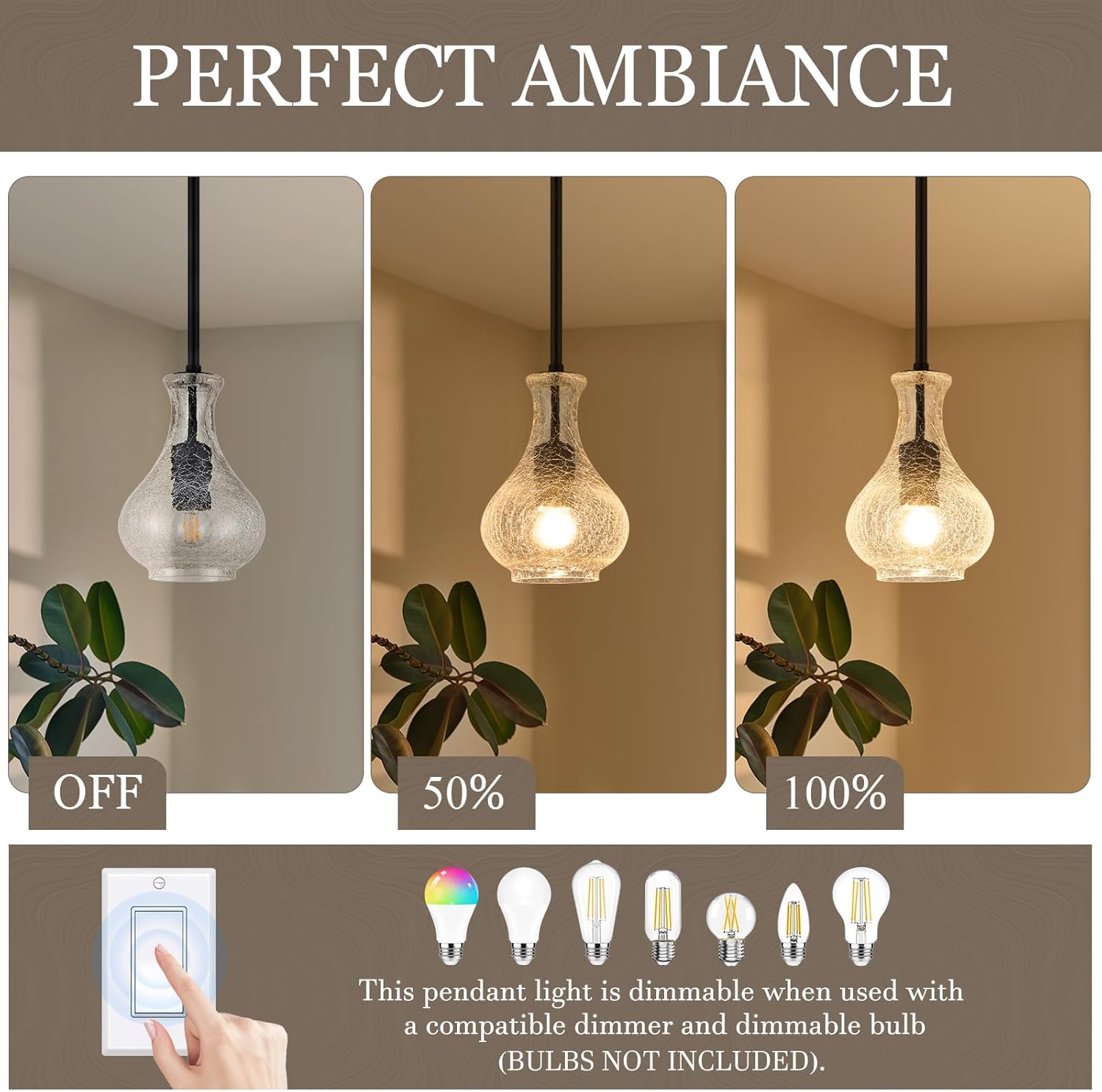 Black Pendant Lights Kitchen Island 2 Pack, 5.9" Unique Crackle Glass Pendant Light Fixtures with Adjustable Rods, Modern Single Hanging Lighting for Kitchen Island, Sink, Bathroom, E26 Base