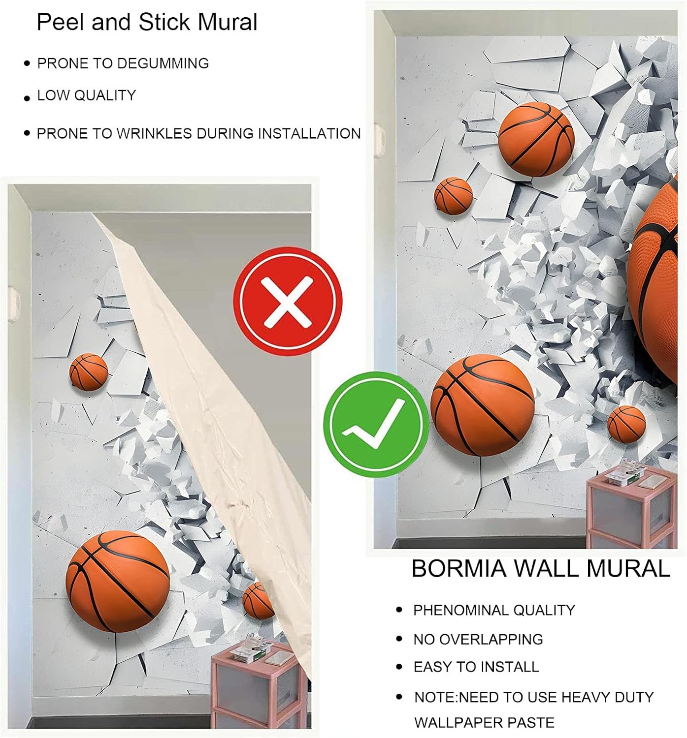 Bormia 3D Basketball Wallpaper Basketball Hall Wall Mural for Playroom Living Room Bedroom(Not Peel n' Stick)