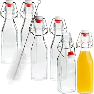 Juvale 6 Pack 8oz Swing Top Glass Bottles with Airtight Stoppers & Cleaning Brush - Perfect for Hot Sauce, Vanilla Extract, Oils, Kombucha