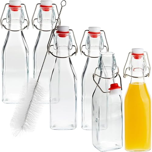 Botellas de vidrio de 8 onzas con tapón para zumos, vainilla, salsas y aceites (paquete de 6 más cepillo de limpieza)