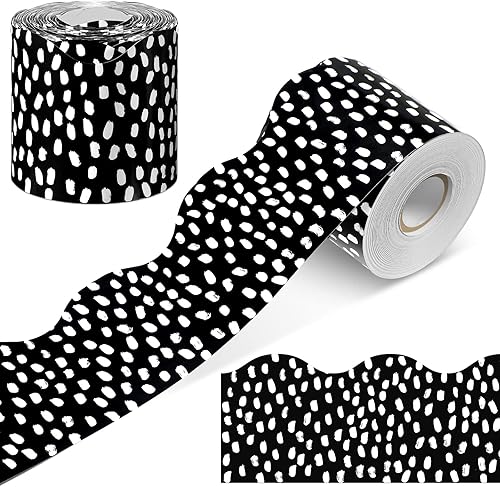 Miniatura 8 de Zonon Bordes de tablón de anuncios de 65 pies, bordes de cuadrícula a rayas en blanco y negro, bordes decorativos, rectos, ondulados, bordes