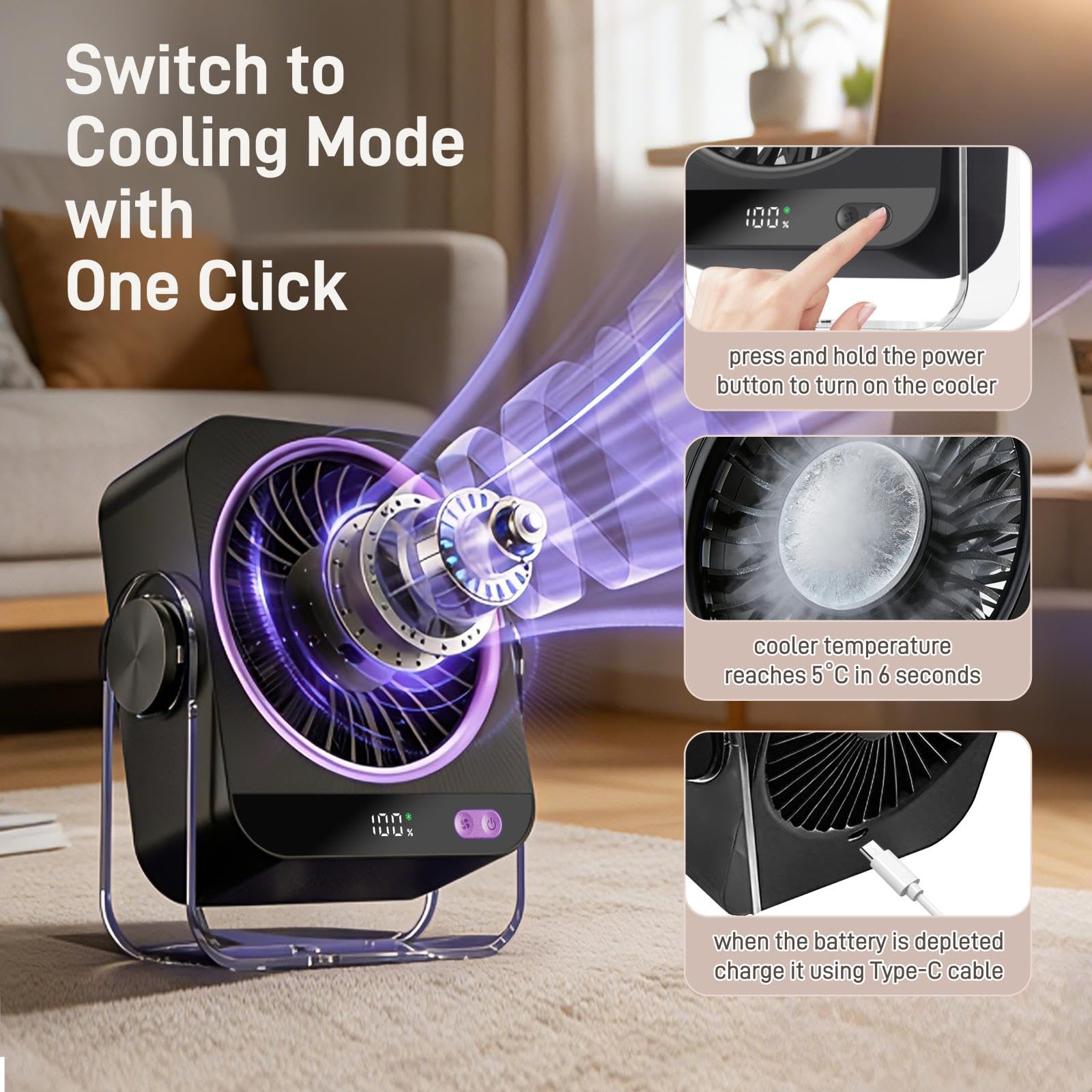 Mini Ventilador Portatil Hielo, 4000mAh Ventilador Recargable USB C, Ventilador Pequeño, Ventilador de Mesa, Ventilador a Pilas Silencioso, para Camping, Oficina, Dormitorio, Viajes al Aire (Negro)