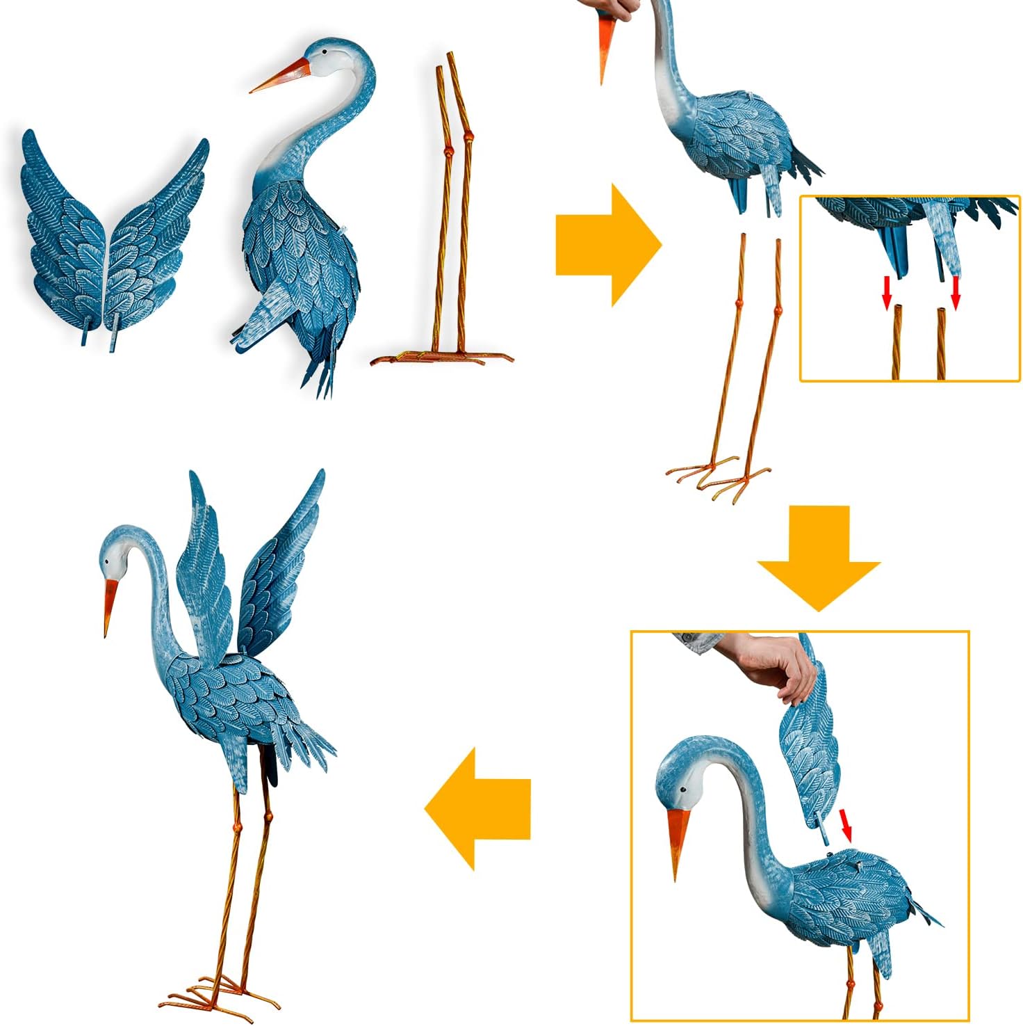 XONOR Crane Garden Statues Outdoor, Blue Heron Decoy Sculpture, Metal Yard Art Bird Statues for Backyard Pond Patio Porch Outside Decorations (Set of 2) (Blue)