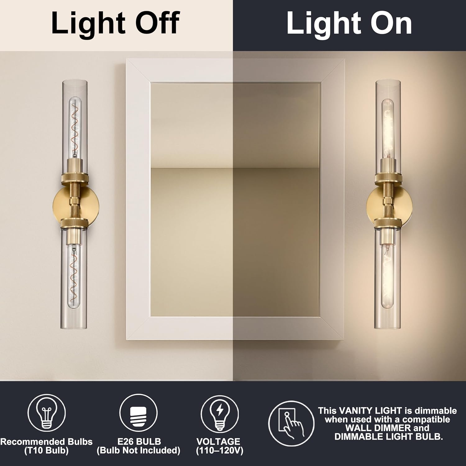 2-Light Bathroom Vanity Light,Knurled Texture Linear Gold Wall Sconces,Clear Glass Tube Vanity Lighting Fixtures,Modern Wall Mounted Light,Indoor Wall Lights for Living Room,Bedroom,Hallway