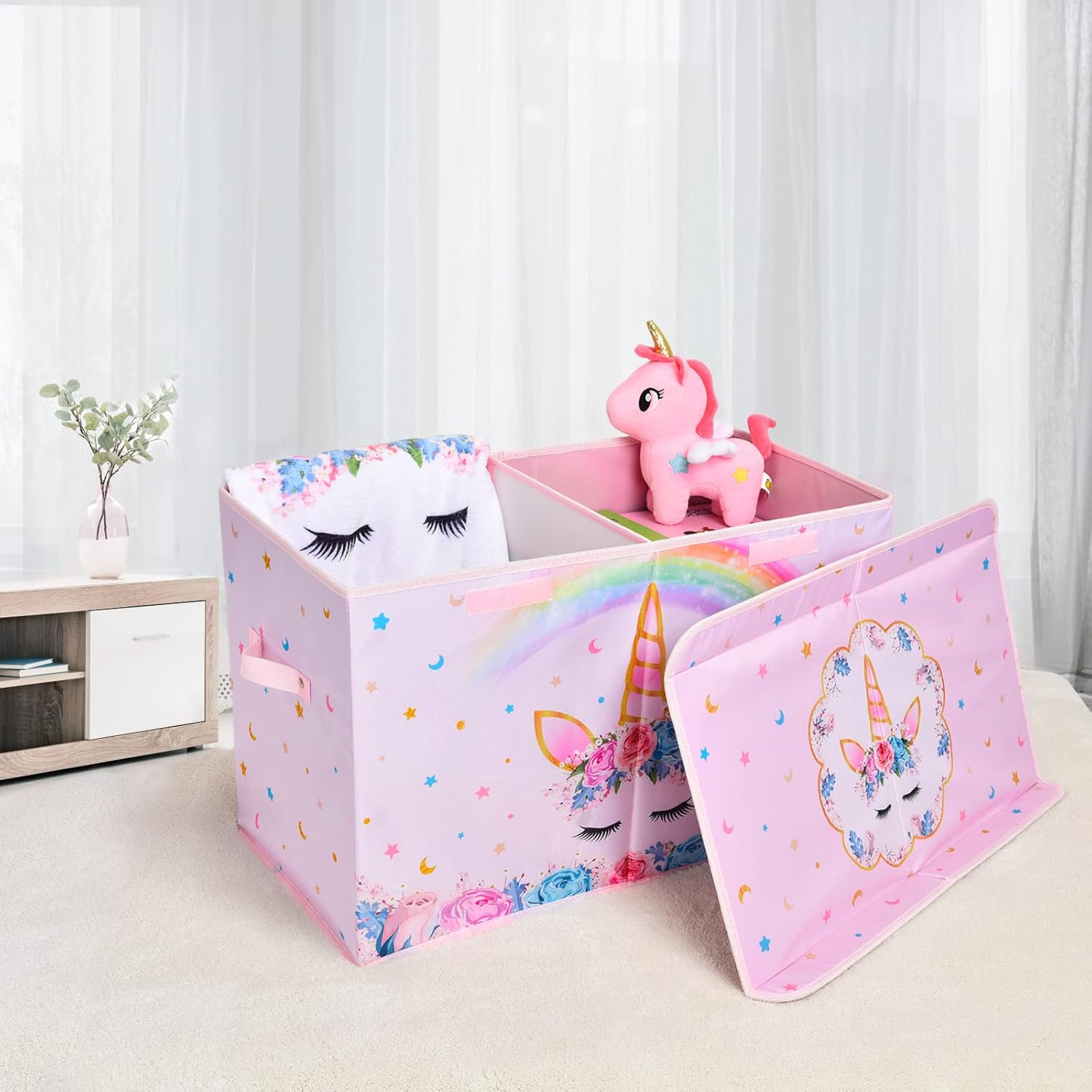 WERNNSAI Unicorn Storage Set - 25" x 13" x 16" Collapsible Toy Box and 4-Pack 11" x 11" Fabric Foldable Storage Bins with Handles Decorative Organizer for Kids' Bedroom Nursery and Living Room