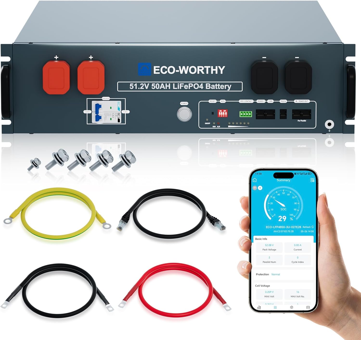 ECO-WORTHY 48V 50Ah LiFePO4 Server Rack Battery, 3U Rack-Mount Lithium Battery with Bluetooth & Wi-Fi, Smart BMS, CAN/RS485 Communication, Metal Case, Ideal for Off-Grid, Solar, Backup Power